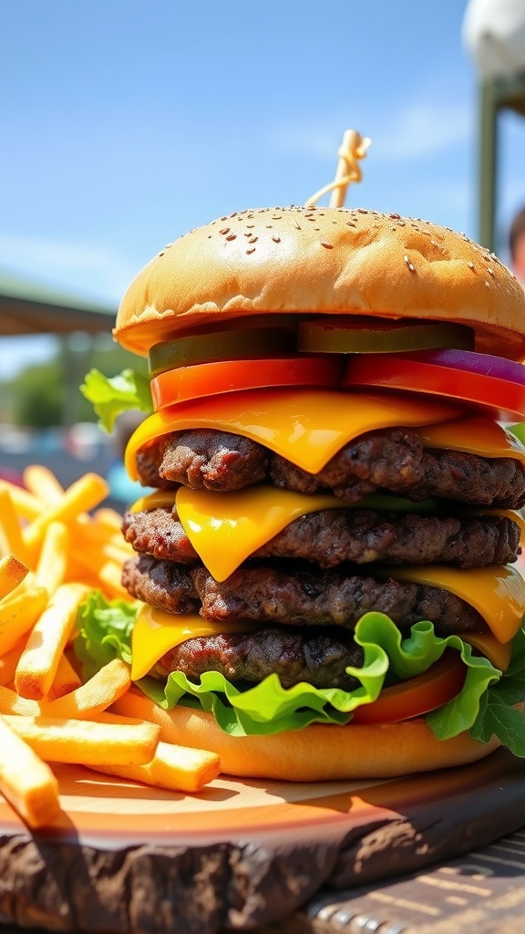 A mouthwatering double cheeseburger with two patties, melted cheese, lettuce, and tomato, alongside crispy fries on a rustic plate.